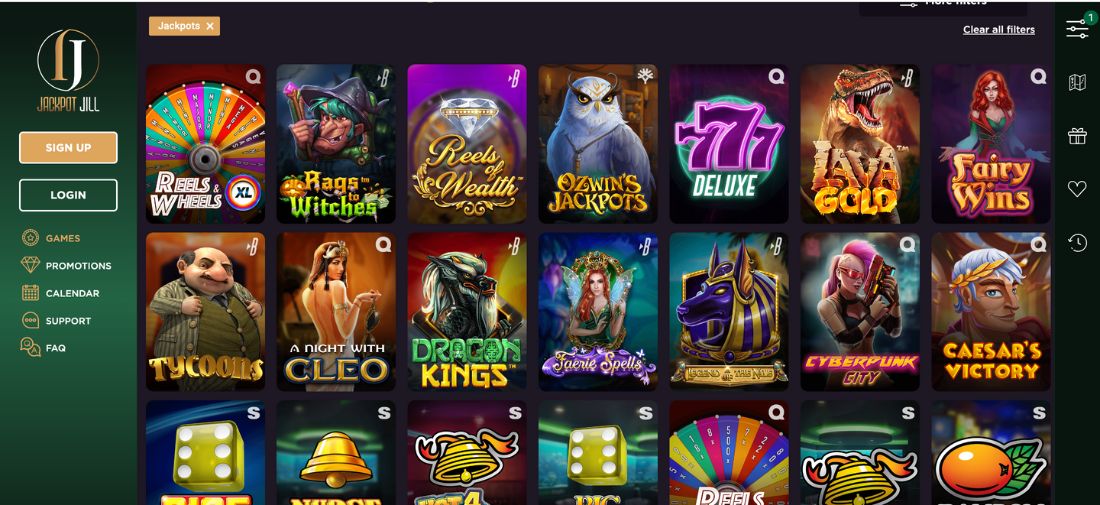 Jackpot Jill Casino — Homepage lobby showing game selection